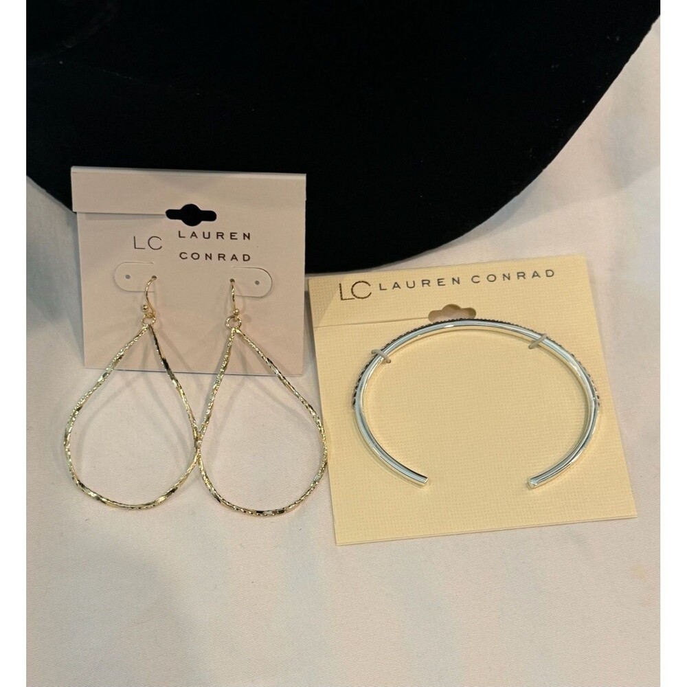 Lauren Conrad Jewelry Lot: Teardrop Earrings and Red Rhinestone Cuff Bracelet
